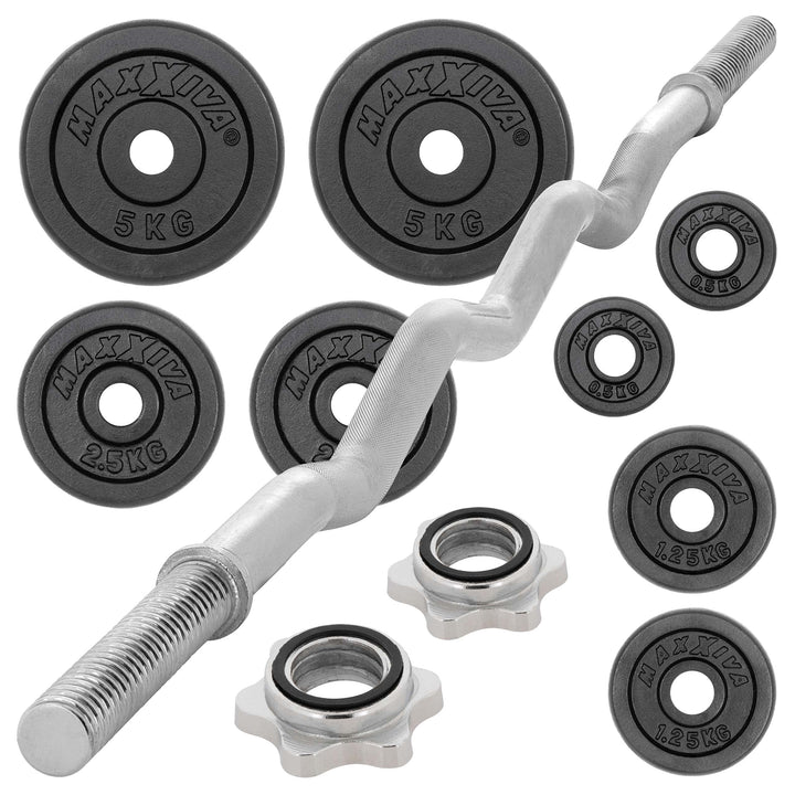 MAXXIVA Curl-Set 120 cm 26 kg 8 Gewichte Gusseisen Krafttraining Zugstange silber verchromt Workout