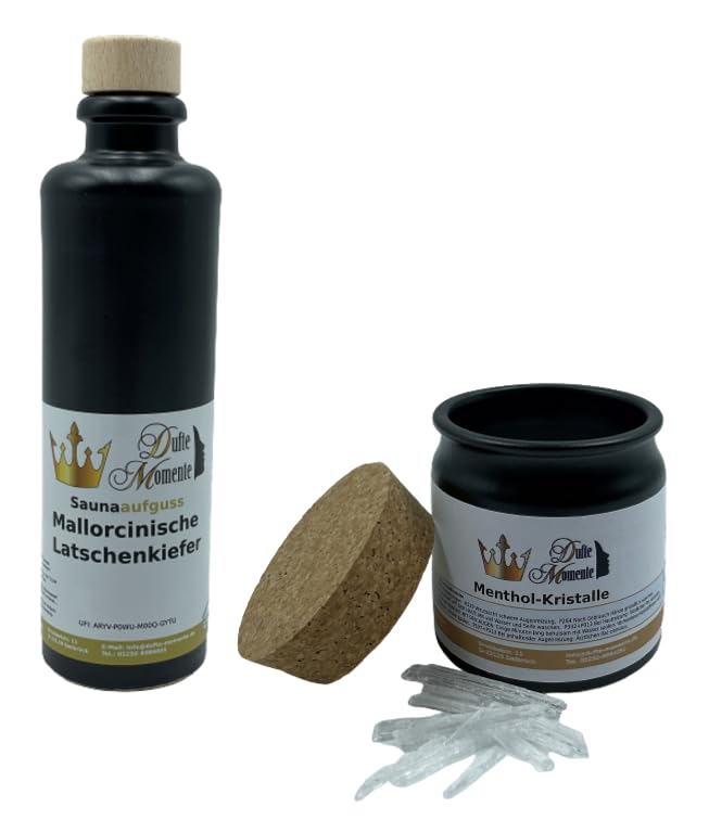 200ml Sauna Aufguss Konzentrat Latschenkiefer in edler Flasche aus Steinzeug + 50g Menthol Kristalle
