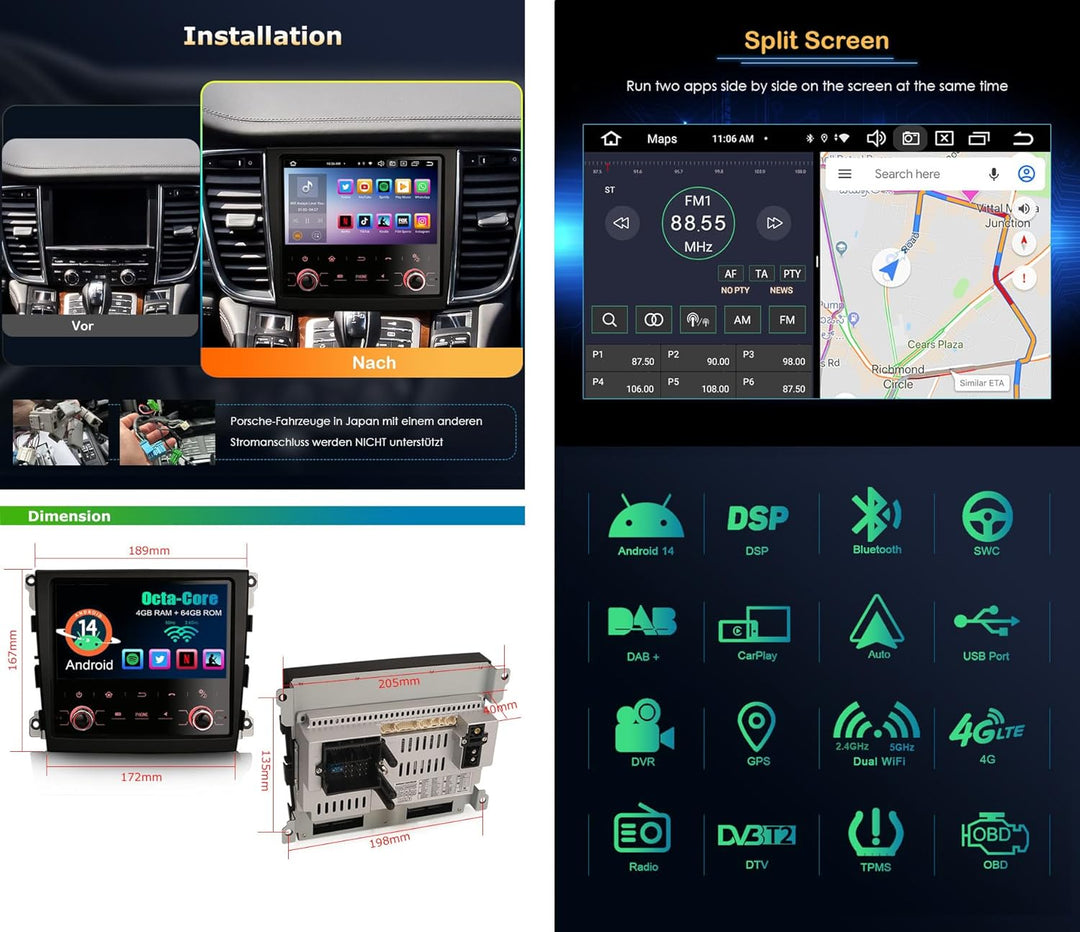 Erisin Android 14 8-Kern Autoradio Mit GPS Navi für Porsche Panamera (2010–2016) 7 Zoll Touchscreen
