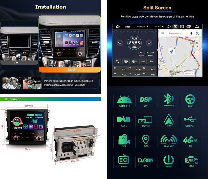Erisin Android 14 8-Kern Autoradio Mit GPS Navi für Porsche Panamera (2010–2016) 7 Zoll Touchscreen