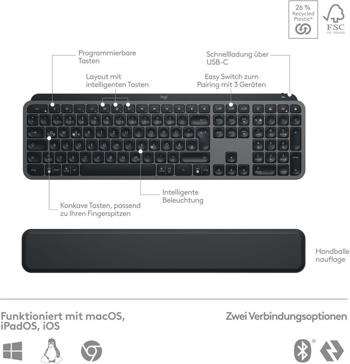 Logitech MX Keys S Combo: Leistungsstarke kabellose Tastatur und Maus mit Handablage,Customizable Il