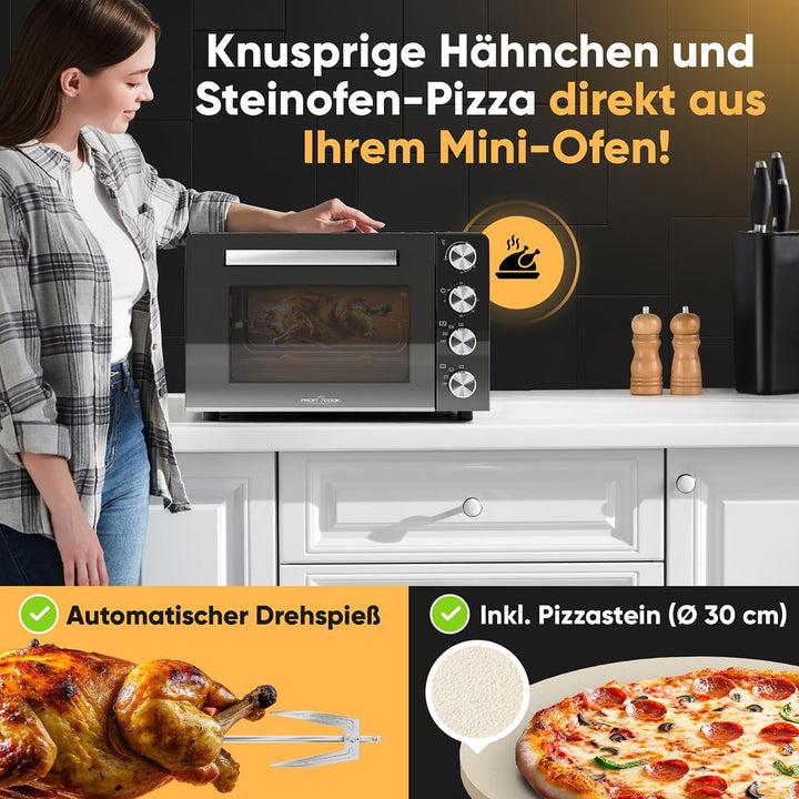 ProfiCook Minibackofen 30L | Umluft + Ober-/Unterhitze | Mini Backofen mit Drehspiess und Pizzastein