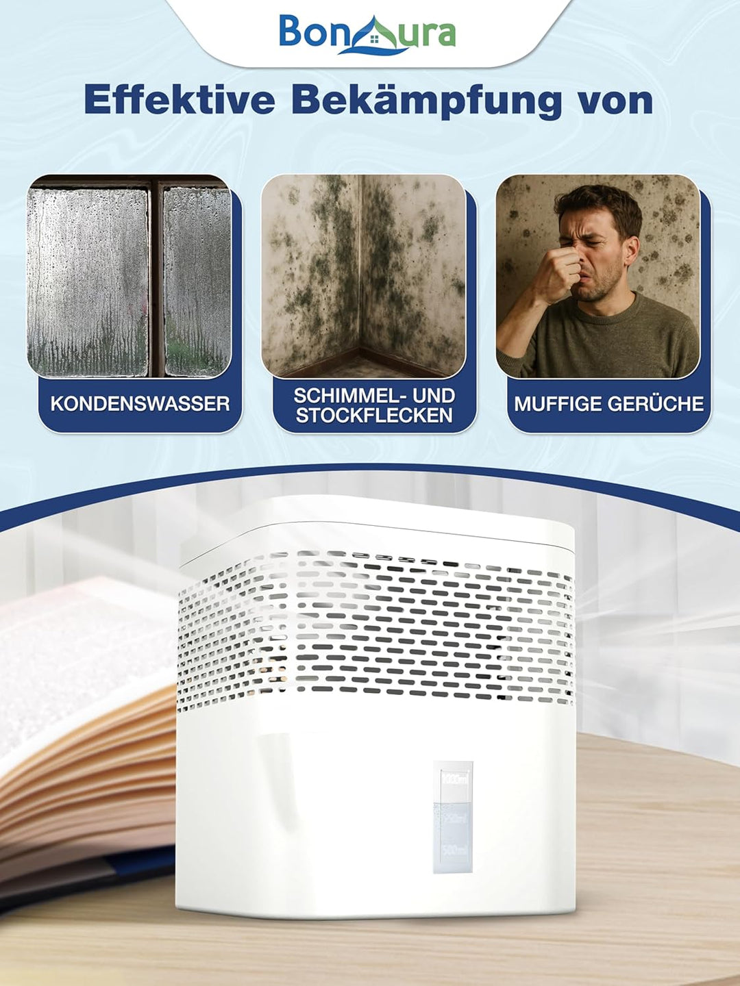 BonAura® Luftentfeuchter ohne Strom - Raumentfeuchter für Keller, Bad uvm. - 450g Luftenfeuchter Nac