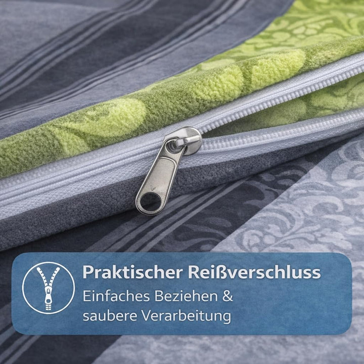 Fein Biber Bettwäsche Garnitur 135 x 200 cm und 80 x 80 cm Feinbiber Borde anthrazit Grün Blume