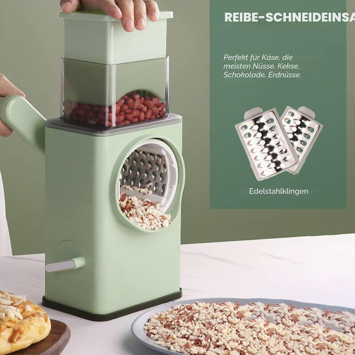Rotierende Kartoffelreibe Küche Mandoline 3 in 1. Gemüseschneidetrommel, 3 Edelstahlklingen. Käserei