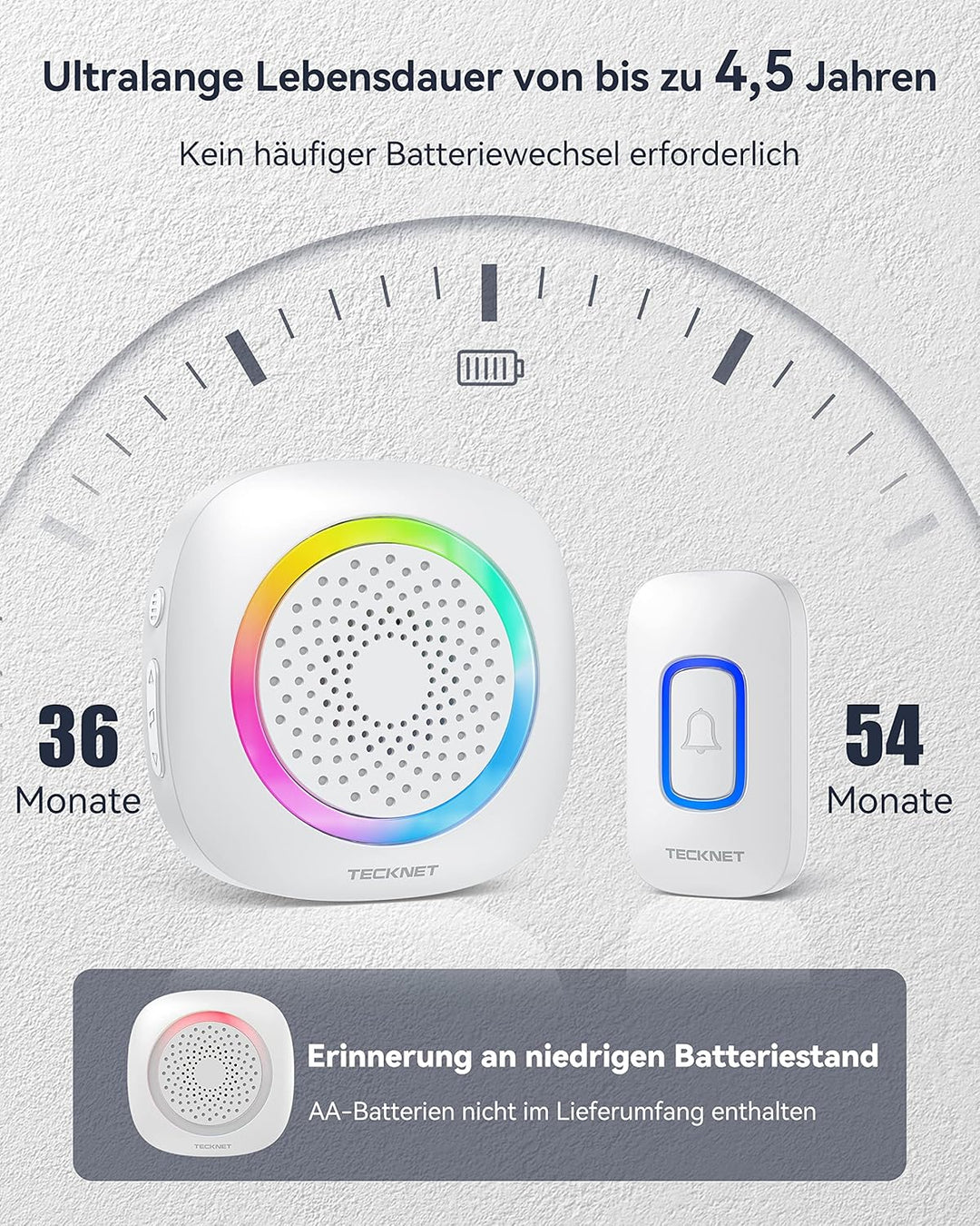 TECKNET Funkklingel, Kabellose Türklingel Batteriebetrieben mit RGB Licht, 60 Melodien, IP66 Wasserd