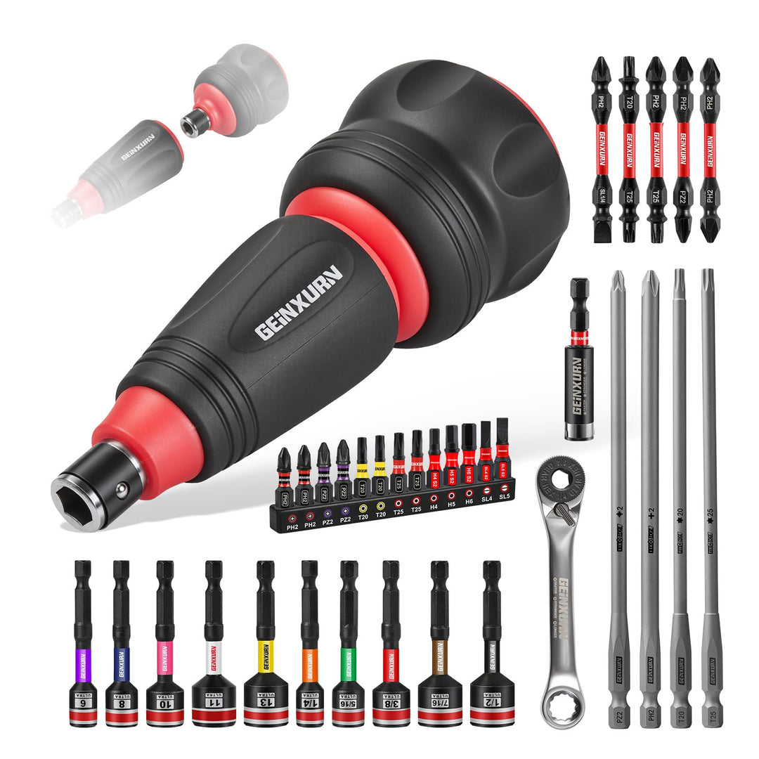 GEINXURN 35tlg. Stubby Ratschen-Schraubendreher-Set, 2-in-1 Stummelschrauber, Magnet Sechskant Steck