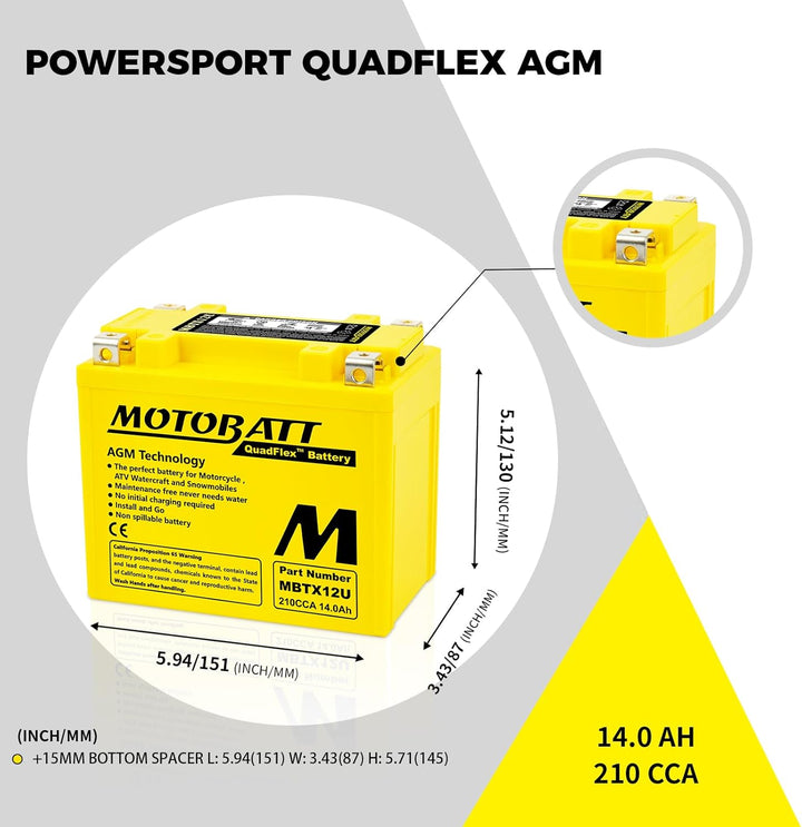 MotoBatt MBTX12U (12V 14 Amp) 200CCA Factory Activated QuadFlex AGM Battery