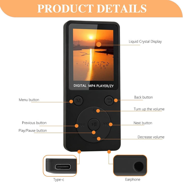 MP3 Player Bluetooth 5.3 mit 32 GB Speicher, MP3 Player mit Lautsprecher, 1,8 Zoll HiFi Music Player