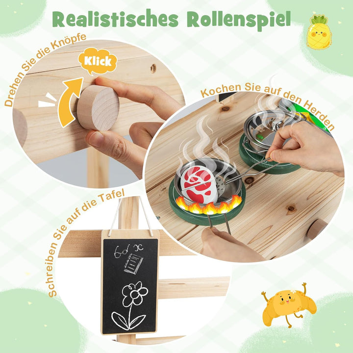 COSTWAY Matschküche Kinder Outdoor, Kinderküche Holz mit Herd, Spüle & Tafel, Spielküche mit Pflanzk