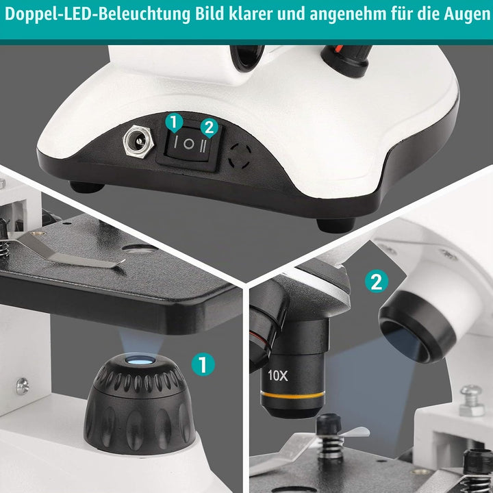 Mikroskop für Kinder mit Objektträger Set, Dual-LED-Beleuchtung,Professionelle Microscope für Schull