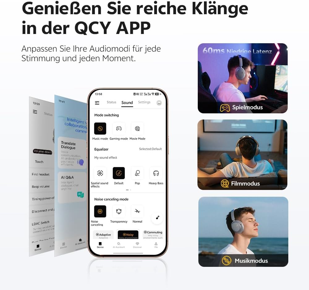 QCY H3S Over Ear Bluetooth Kopfhörer,Hybrid Aktive Noise Cancelling,Hi-Res Audio,LDAC,ultraleichtem