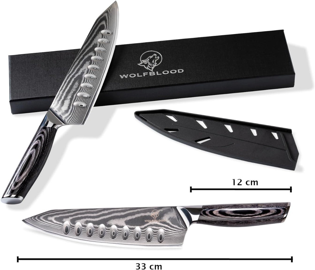 Wolfblood PRO Damastmesser Damast Küchenmesser XL(33cm) TÜV geprüfter 62 HRC Damaststahl aus 67 Lage