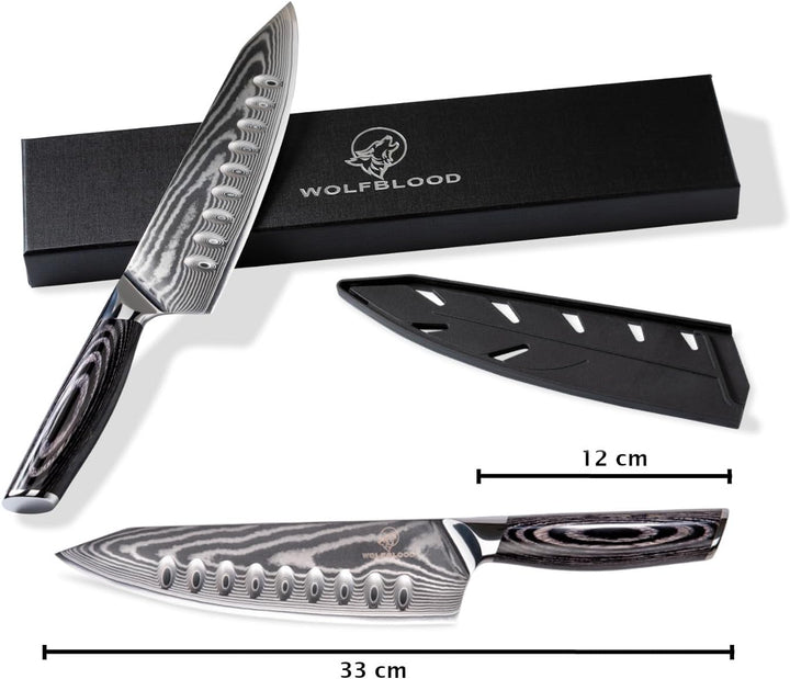 Wolfblood PRO Damastmesser Damast Küchenmesser XL(33cm) TÜV geprüfter 62 HRC Damaststahl aus 67 Lage