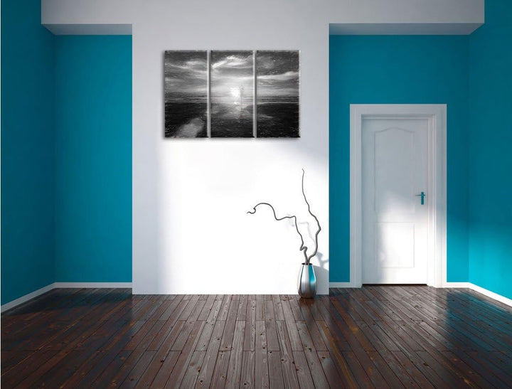 Pixxprint Yoga Silhouette am Strand / 3-Teilig/Gesamtmass 120cm Leinwandbild bespannt auf Holzrahmen