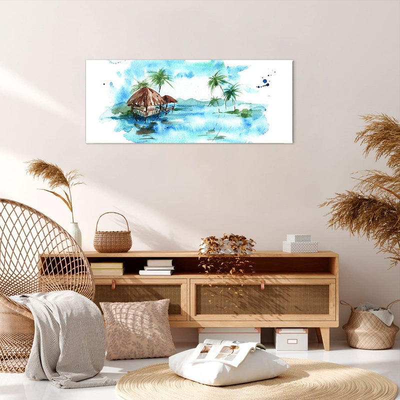 Wandbilder Dekoration Wohnzimmer Tropen Wasser Bungalow Ufer Panorama Bilder auf Leinwand 120x50cm L