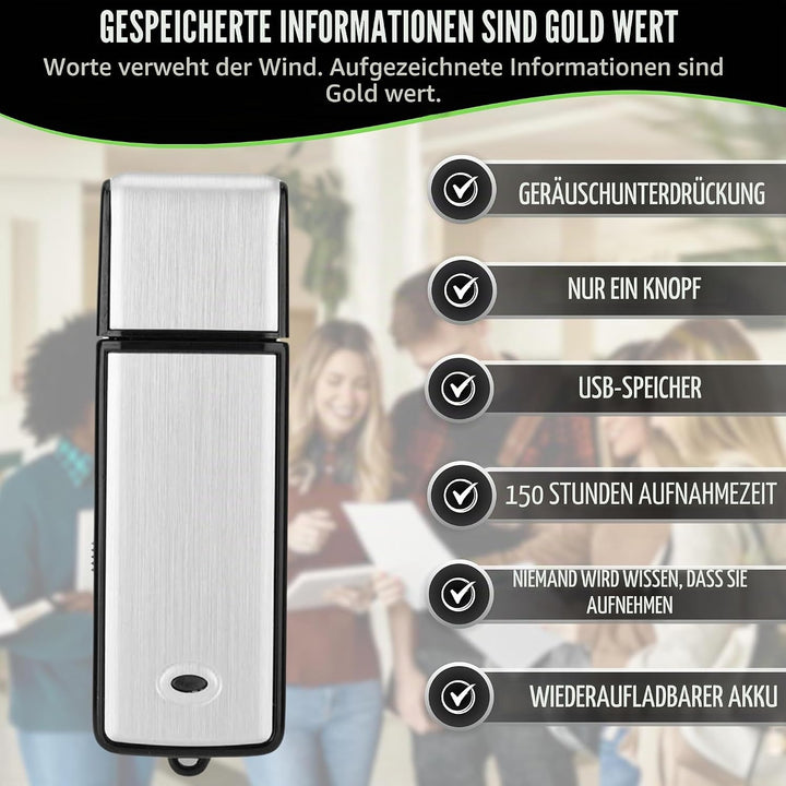 Digitales Diktiergerät, USB, Mini-Sprachaufnahme, Spion, 8 GB, für Meetings, Interviews, Konferenzen