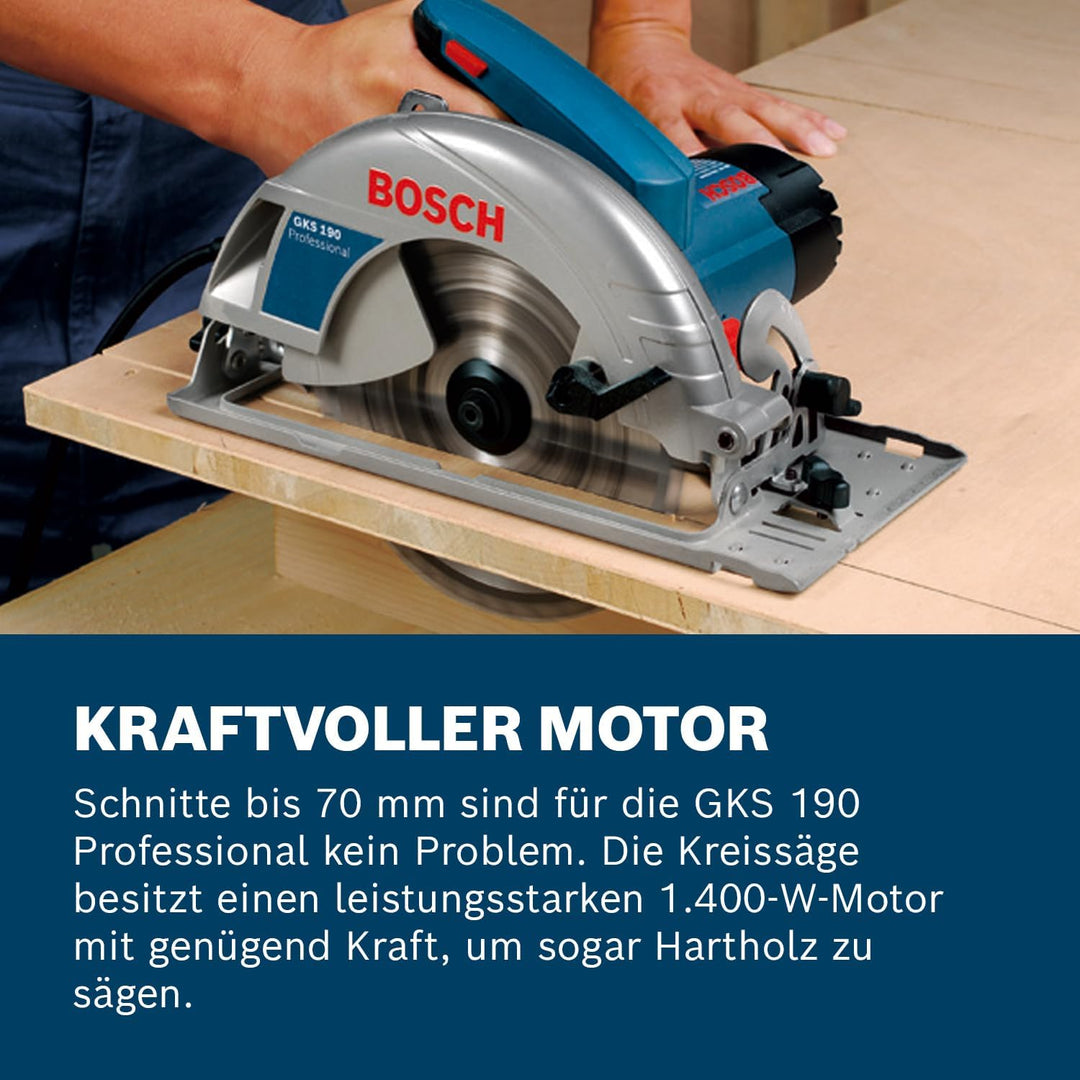 Bosch Professional Kreissäge GKS 190 (Leistung 1400 Watt, Kreissägeblatt: 190 mm, Schnitttiefe: 70mm