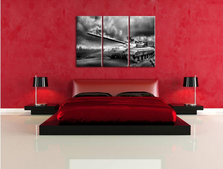 Pixxprint Panzer im Nebel 3Teiler 120x80 cm Leinwandbild Wandbild Kunstdruck
