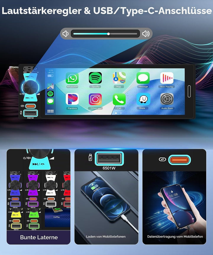 Hodozzy 1 Din RDS Autoradio mit Drahtlos Carplay Android Auto, 6.5 Zoll In-Cell Bildschirm,Unterstüt