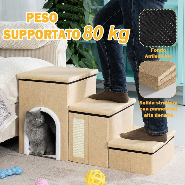 BAKAJI 3-in-1 Klapptreppe für Hunde und Katzen, aus Polyester, Beige, multifunktionale Leiter für St