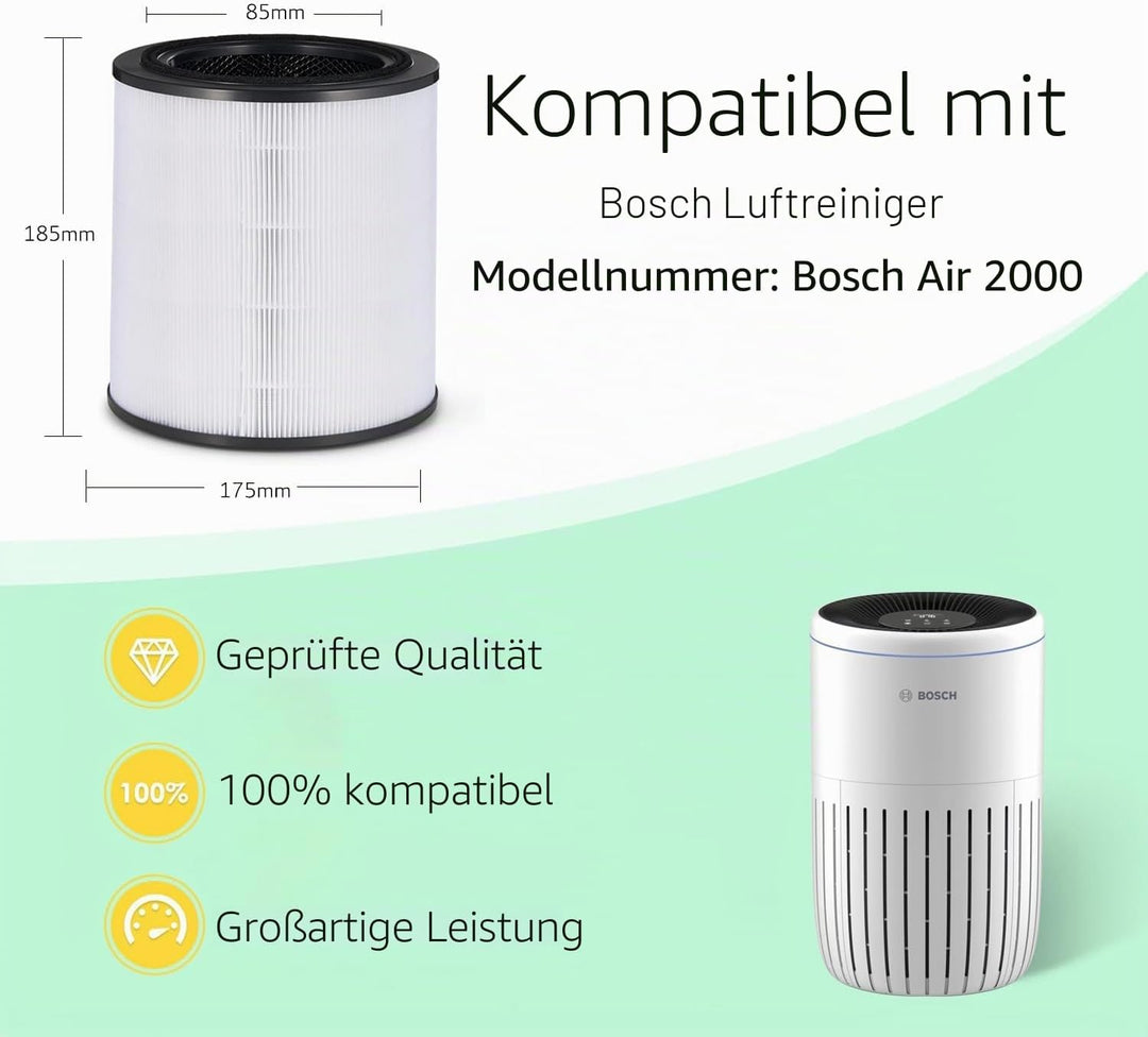 3-in-1 HEPA Filter Kompatibel mit Bosch Air 2000 / 2000i Luftreiniger, H13 True HEPA Ersatzfilter mi