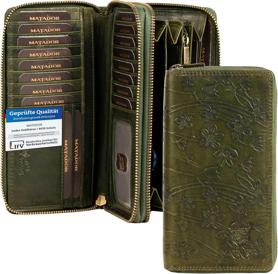 MATADOR Geldbörsen Damen Grün #Madrid mit Edle Geschenk Box, Eleganter Geldbeutel Leder mit RFID Wal