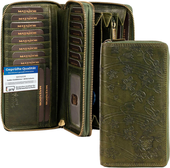 MATADOR Geldbörsen Damen Grün #Madrid mit Edle Geschenk Box, Eleganter Geldbeutel Leder mit RFID Wal