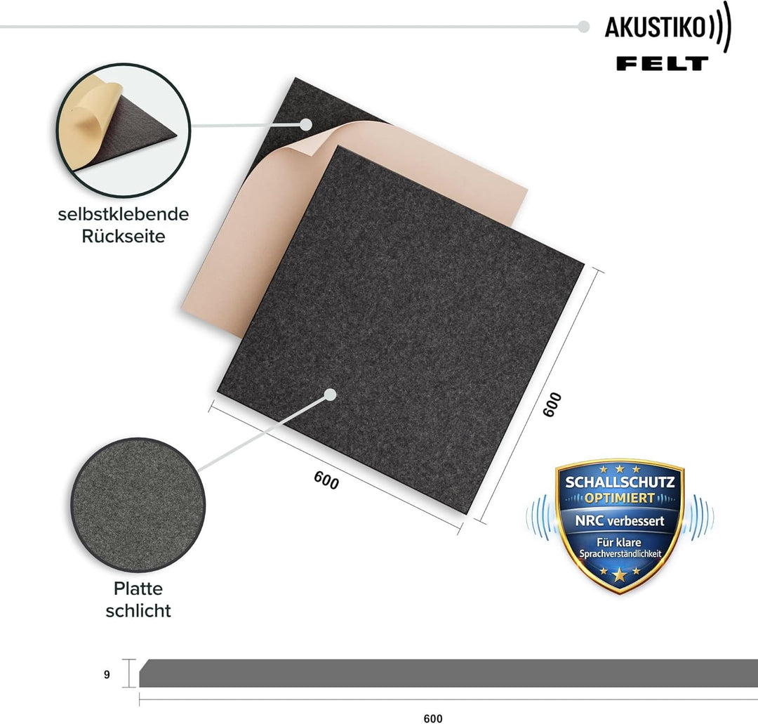 AKUSTIKO Akustikpaneele Selbstklebend 60x60cm - 8 Stück Graphit Akustik Wandpaneele Schallschutz &amp; R