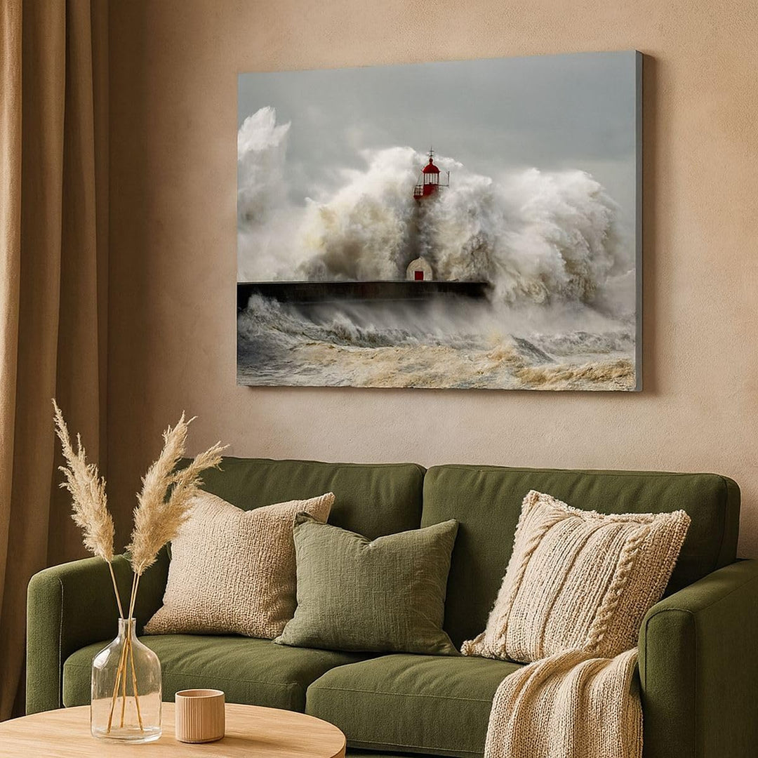 ARTTOR Bilder auf Leinwand 100x70cm Leinwandbild Leuchtturm Ozean Sturm Gross Wanddeko Bild Schlafzi