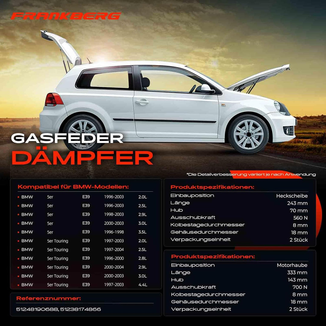 Frankberg 4x Gasfeder Dämpfer Motorhaube Heckscheibe Kompatibel mit 5er E39 520 525 530 Kombi 1996-2
