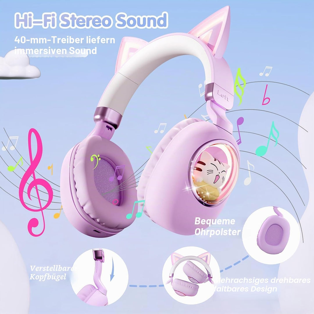 Kinder Kopfhörer mit Katzenohren, Bluetooth 5.4 Over-Ear Noise Cancelling Kopfhörer mit Mikrofon, LE