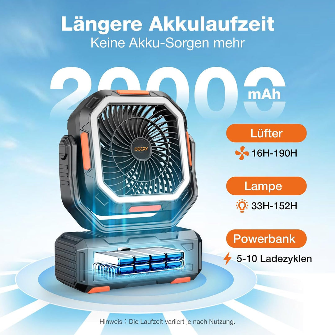 OGERY 2025 Camping Ventilator tragbar mit Akku, 20000mAh Battery, Starke Luftleistung mit Stufenlose