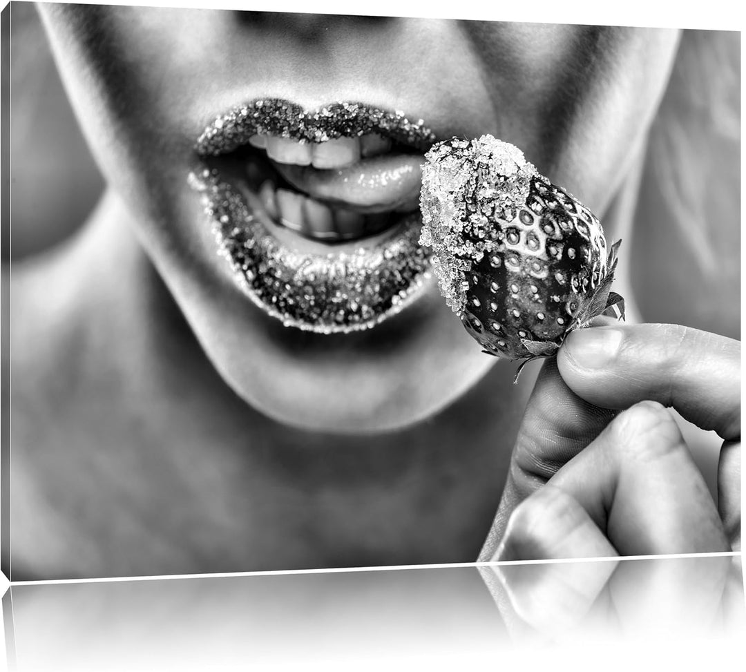Pixxprint Erdbeere Zucker Lippen als Leinwandbild/Grösse: 100x70 cm/Wandbild/Kunstdruck/fertig bespa