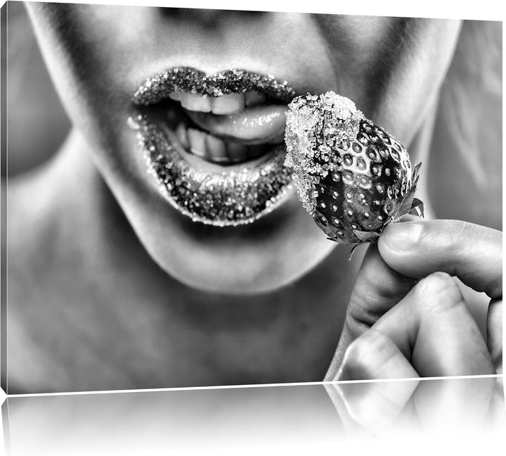 Pixxprint Erdbeere Zucker Lippen als Leinwandbild/Grösse: 100x70 cm/Wandbild/Kunstdruck/fertig bespa
