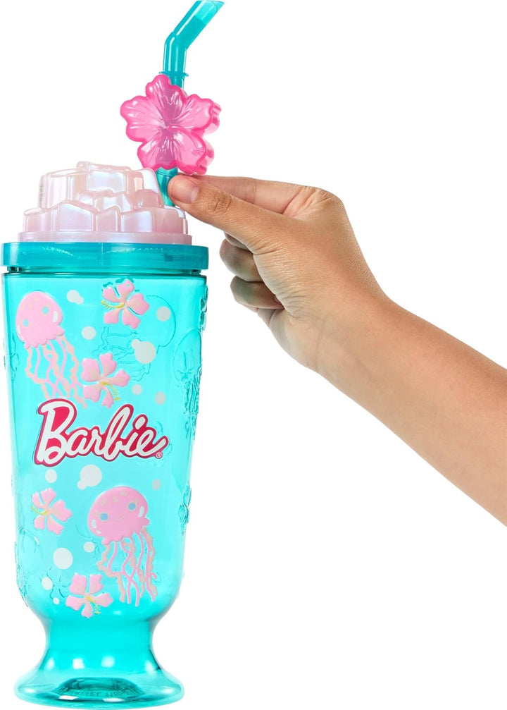 Barbie Pop Reveal-Puppe und Zubehör, Slushy mit Ozeanmotiven, Modepuppe und Haustier mit 8 Überrasch
