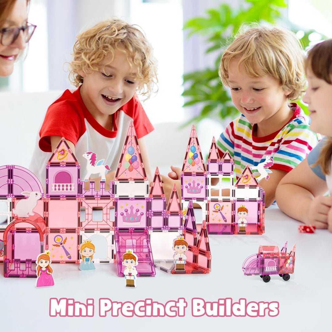 Magnetische Fliesen Set, 3D Märchen-Schloss in Pink, Magnetkacheln für Kinder ab 3 Jahren, STEM Baus
