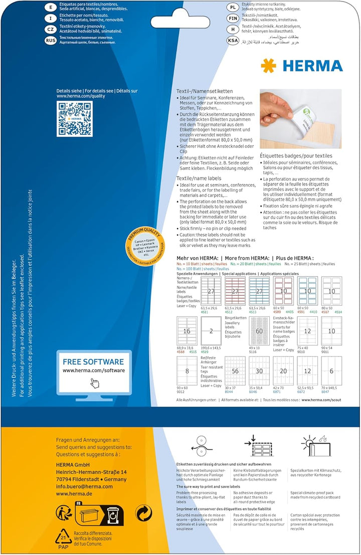 HERMA 4412 Namensetiketten ablösbar, 25 Blatt, 80 x 50 mm, 10 Stück pro A4 Bogen, 250 Aufkleber, sel