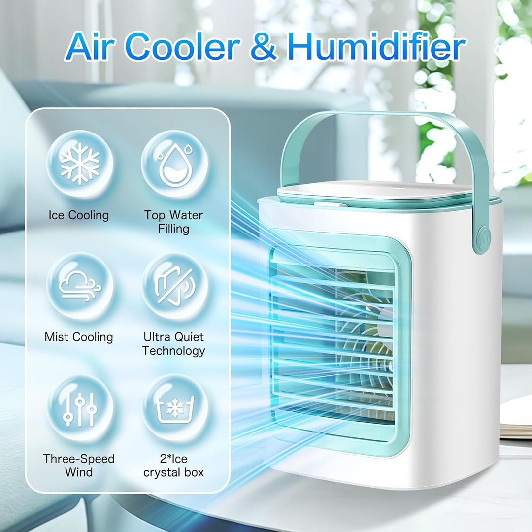 Tragbarer Mini-Klimagerät-Ventilator mit Kühlfunktion, leise, 3 Windstufen und Kaltvernebelung, Mini