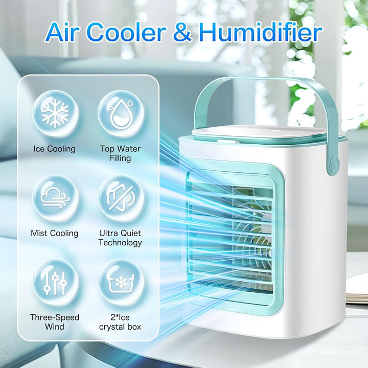 Tragbarer Mini-Klimagerät-Ventilator mit Kühlfunktion, leise, 3 Windstufen und Kaltvernebelung, Mini