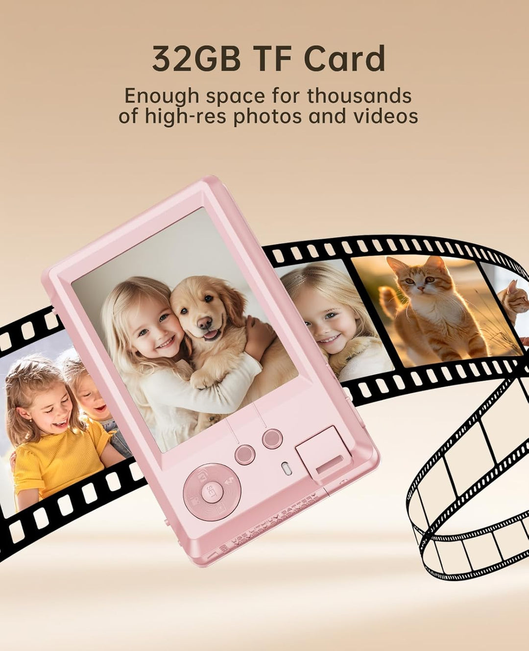 4K Digitalkamera 48MP mit Tasche 32GB SD Karte für Vlogging Kinder Jugendliche Rose Pink-A30, Pink-A