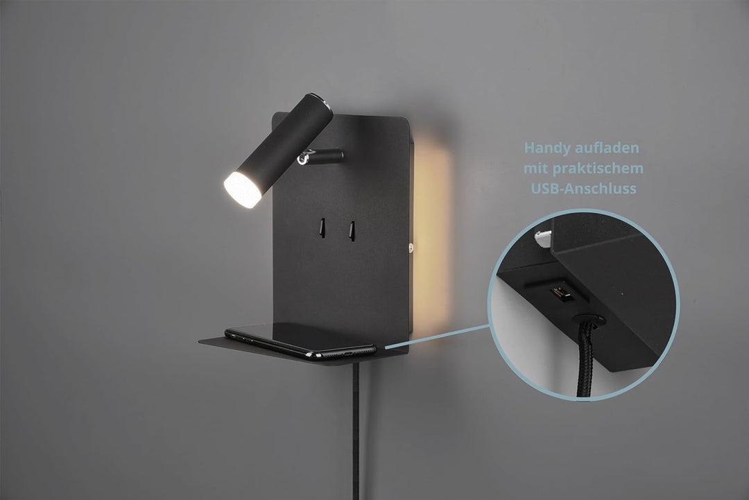 lightling LED Wandleuchte Nachttischlampe Kian mit Lese Spot und Ablage für Handy (inkl. USB Anschlu