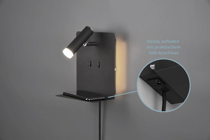 lightling LED Wandleuchte Nachttischlampe Kian mit Lese Spot und Ablage für Handy (inkl. USB Anschlu