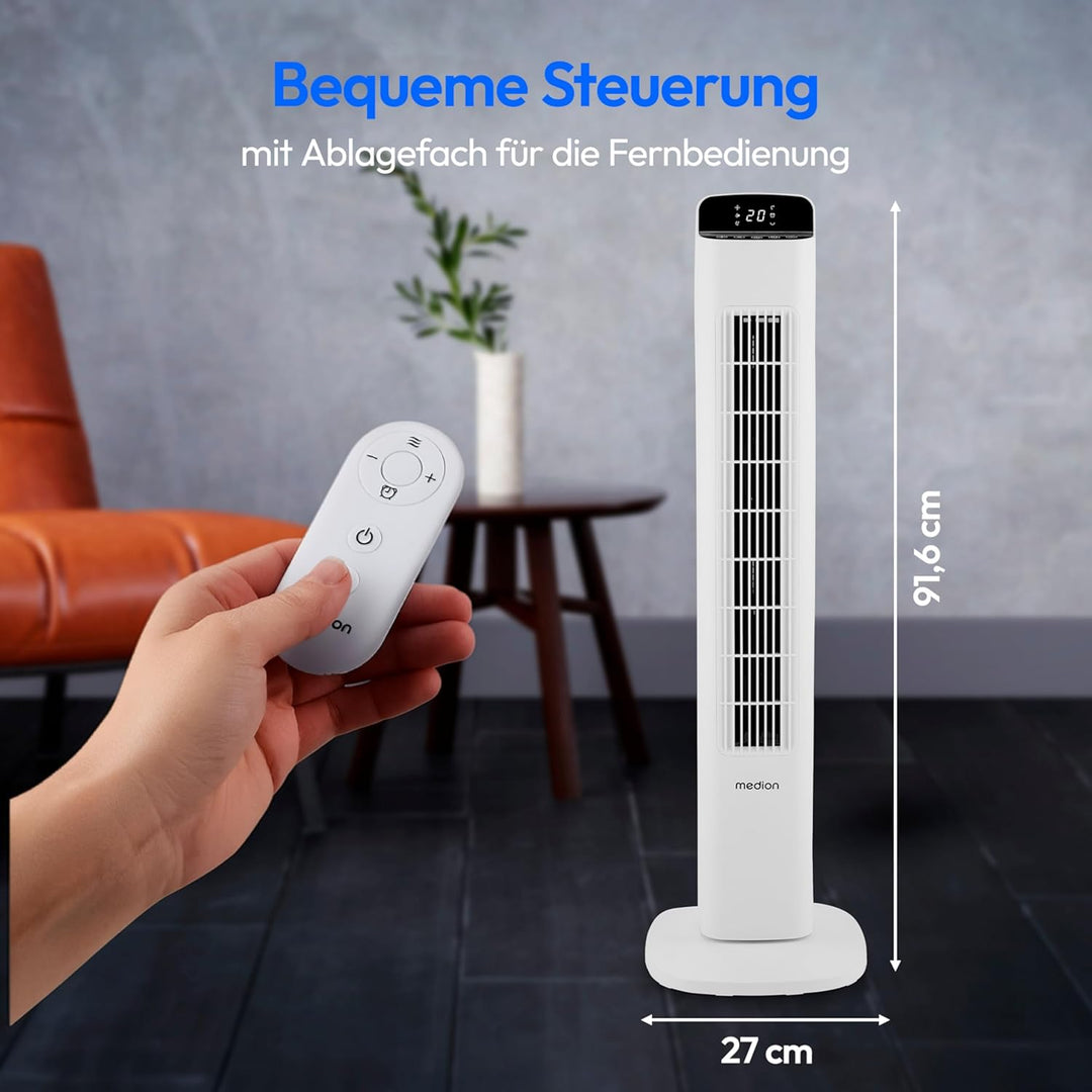 MEDION P15 TF Turmventilator mit Fernbedienung (5 Geschwindigkeitsstufen, leiser Schlafmodus, 45 Wat