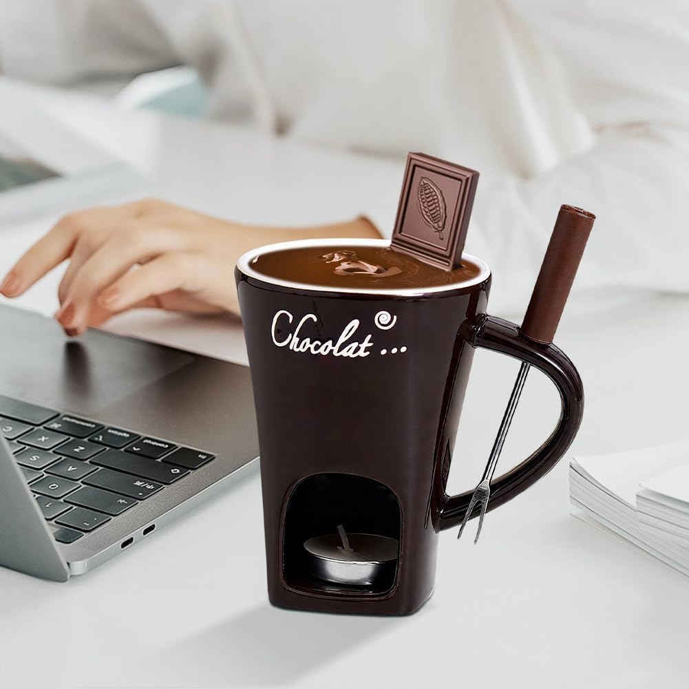 Generisch Schokofondue Tasse mit Gabel und Kerze, Tasse zum Schokolade Schmelzen, Keramik Schokolade