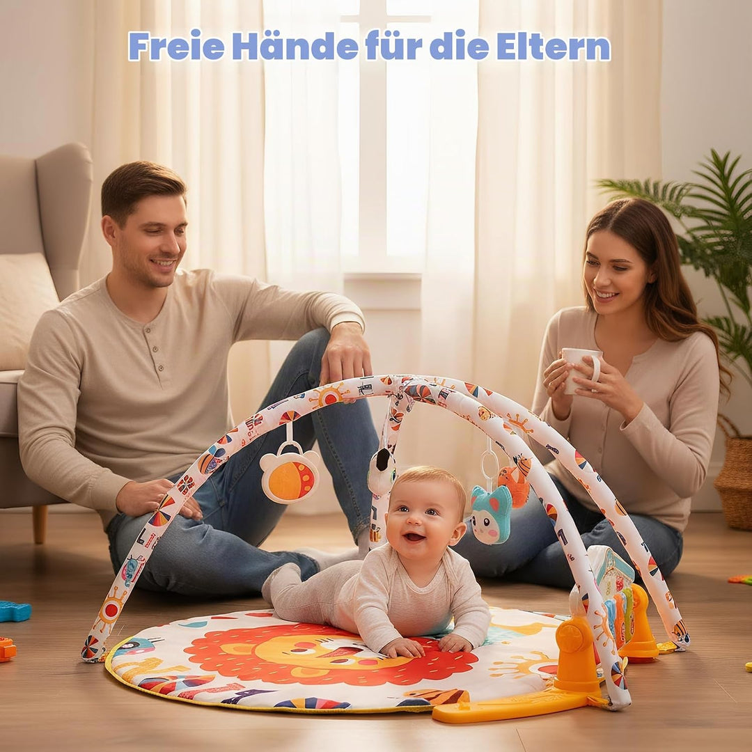 Spieldecke Baby Gym, 6 in 1 Spielbogen 0-12 Monate mit Musik Klaviermatte, 4 Hänge-Spielzeug, Licht