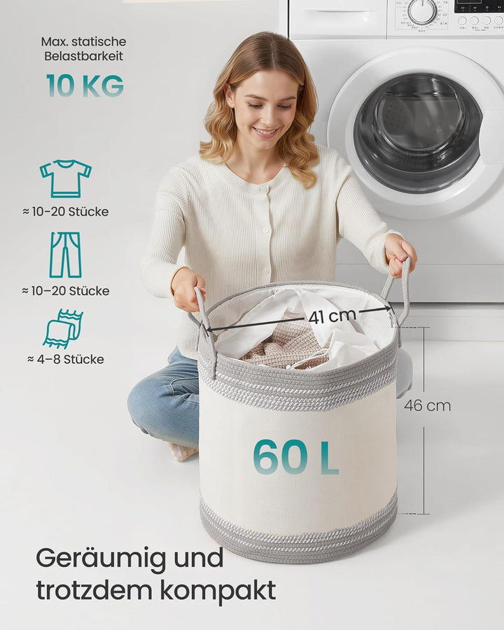 SONGMICS Wäschekorb aus Baumwollseil mit Henkel, Aufbewahrungskorb | Wäschesammler, für Decken, Klei