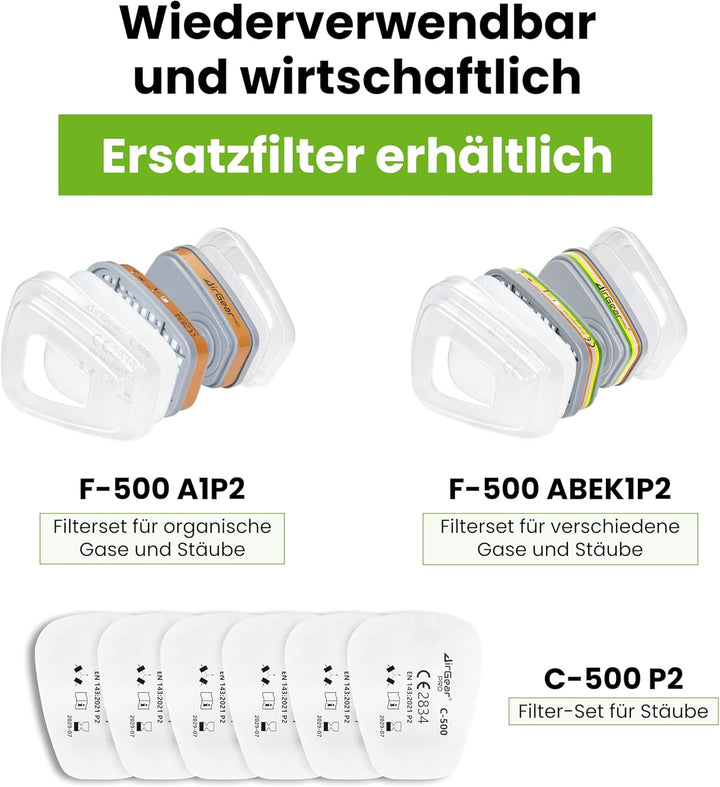 AirGearPro M-500 Atemschutzmaske mit A1P2 Filter, Gasmaske Staubfilter für Lackieren, Arbeiten, Schl
