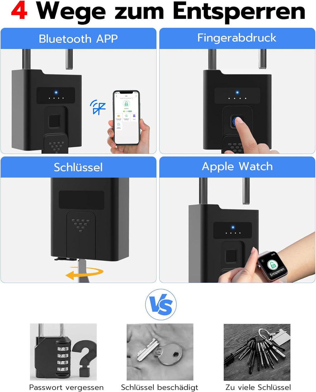 Eseesmart Fingerabdruck Schloss - Vorhängeschlösser mit Schlüssell APP Kontrolle, Fingerprint Vorhän