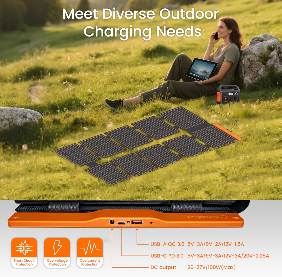 FlexSolar 100W Solarpanel Faltbar DC/QC 3.0 USB-A & PD3.0 USB-C Solarladegerät Monokristalline Solar
